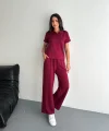 Osy Modal Yumuşak Dokulu Kumaş Kısa Kollu Yakalı T-shirt Pantalon ikili Takım- Bordo