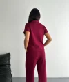 Osy Modal Yumuşak Dokulu Kumaş Kısa Kollu Yakalı T-shirt Pantalon ikili Takım- Bordo