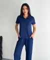 Osy Modal Yumuşak Dokulu Kumaş Kısa Kollu Yakalı T-shirt Pantalon Ikili Takım- Lacivert
