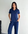 Osy Modal Yumuşak Dokulu Kumaş Kısa Kollu Yakalı T-shirt Pantalon ikili Takım- Lacivert