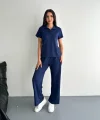 Osy Modal Yumuşak Dokulu Kumaş Kısa Kollu Yakalı T-shirt Pantalon ikili Takım- Lacivert