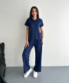 Osy Modal Yumuşak Dokulu Kumaş Kısa Kollu Yakalı T-shirt Pantalon Ikili Takım- Lacivert