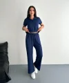 Osy Modal Yumuşak Dokulu Kumaş Kısa Kollu Yakalı T-shirt Pantalon ikili Takım- Lacivert