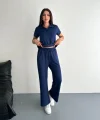 Osy Modal Yumuşak Dokulu Kumaş Kısa Kollu Yakalı T-shirt Pantalon Ikili Takım- Lacivert