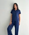 Osy Modal Yumuşak Dokulu Kumaş Kısa Kollu Yakalı T-shirt Pantalon ikili Takım- Lacivert