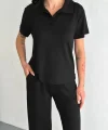 Osy Modal Yumuşak Dokulu Kumaş Kısa Kollu Yakalı T-shirt Pantalon ikili Takım- Siyah
