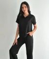 Osy Modal Yumuşak Dokulu Kumaş Kısa Kollu Yakalı T-shirt Pantalon Ikili Takım- Siyah
