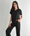 Osy Modal Yumuşak Dokulu Kumaş Kısa Kollu Yakalı T-shirt Pantalon ikili Takım- Siyah