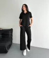Osy Modal Yumuşak Dokulu Kumaş Kısa Kollu Yakalı T-shirt Pantalon ikili Takım- Siyah