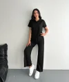 Osy Modal Yumuşak Dokulu Kumaş Kısa Kollu Yakalı T-shirt Pantalon ikili Takım- Siyah