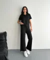 Osy Modal Yumuşak Dokulu Kumaş Kısa Kollu Yakalı T-shirt Pantalon ikili Takım- Siyah