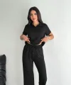 Osy Modal Yumuşak Dokulu Kumaş Kısa Kollu Yakalı T-shirt Pantalon ikili Takım- Siyah