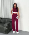 Osy Modal Yumuşak Dokulu Kumaş Tam Fermuarlı Crop Pantalon İkili Takım - Bordo