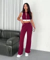 Osy Modal Yumuşak Dokulu Kumaş Tam Fermuarlı Crop Pantalon İkili Takım - Bordo