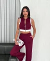 Osy Modal Yumuşak Dokulu Kumaş Tam Fermuarlı Crop Pantalon İkili Takım - Bordo