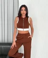 Osy Modal Yumuşak Dokulu Kumaş Tam Fermuarlı Crop Pantalon İkili Takım - Kahverengi