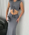 Osy odal Yumuşak Dokulu Kumaş Büzgülü Crop Etek Takım Gri