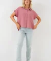 Oversize Kısa Kol Gömlek 20322 - Pembe