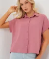 Oversize Kısa Kol Gömlek 20322 - Pembe