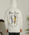 Oversize Üç İplik Şardonlu Kapüşonlu Sweatshirt – Beyaz “Other Lives” Ön Ve Arka Baskılı, Kanguru Cepli, Ribanalı Rahat Kışlık Model Beyaz