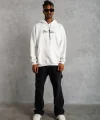Oversize Üç İplik Şardonlu Kapüşonlu Sweatshirt – Beyaz “Other Lives” Ön Ve Arka Baskılı, Kanguru Cepli, Ribanalı Rahat Kışlık Model Beyaz