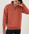 Oversize Yarım Farmuarlı Yakalı Basic SweatShirt - Gül Kurusu