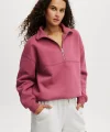 Oversize Yarım Farmuarlı Yakalı Basic SweatShirt - Gül Kurusu