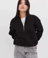 Oversize Yarım Farmuarlı Yakalı Basic SweatShirt - Siyah