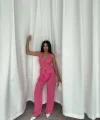 PANTOLON KENDİNDEN KEMER DETAYLI - Pembe