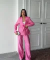 Pembe Beli Kuşaklı Ceket Ve Pantolon Parlak Takım