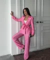 Pembe Beli Kuşaklı Ceket Ve Pantolon Parlak Takım