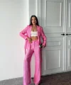 Pembe Beli Kuşaklı Ceket Ve Pantolon Parlak Takım