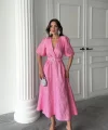 Pembe Işıltılı Kemerli Kruvaze Elbise
