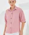 Pembe Kısa Kol Oversize Keten Gömlek 20240