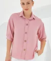 Pembe Kısa Kol Oversize Keten Gömlek 20240
