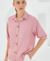Pembe Kısa Kol Oversize Keten Gömlek 20240