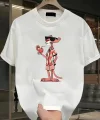 Pembe Panter Baskılı Erkek Oversize Günlük Kısa Kollu Tişört İlkbahar ve Yaz için Mükemmeldir - Beyaz