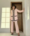 Pembe Siyah Şeritli Yakasız Ceket Ve Pantolon Takım