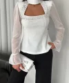 Penye Uzun Kollu Kadın Kolları Şifon Göğüste İnci Boncuk detaylı Bluz - Beyaz