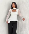 Penye Uzun Kollu Kadın Kolları Şifon Göğüste İnci Boncuk detaylı Bluz - Beyaz