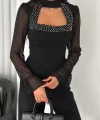 Penye Uzun Kollu Kadın Kolları Şifon Göğüste İnci Boncuk detaylı Bluz - Siyah