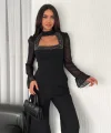 Penye Uzun Kollu Kadın Kolları Şifon Göğüste İnci Boncuk detaylı Bluz - Siyah
