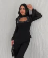 Penye Uzun Kollu Kadın Kolları Şifon Göğüste İnci Boncuk detaylı Bluz - Siyah