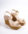 PERLA Tokalı Lastikli Dolgu Topuklu Ortopedik Taban Hasır Görünümlü Kadın Sandalet CKT - Ten