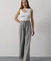 Pileli Bağcıklı Oversize Pantolon - Gri