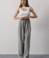 Pileli Bağcıklı Oversize Pantolon - Gri