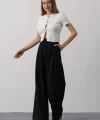 Pileli Bağcıklı Oversize Pantolon - Siyah