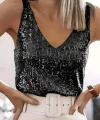 Pul Payetli Sıfır Kol Bluz -Siyah