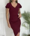 QKadın Kısa Kollu Kalp Yaka Yanlardan Büzgü Detay Midi Janjan Krep Elbise