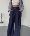 SALAŞ ÖNDEN YIRTMAÇ DETAYLI BEL KEMERLİ PANTOLON - Lacivert